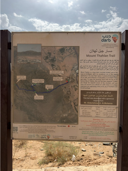 لافتة توضح مسار جبل ثهلان