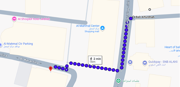 صورة من خرائط جوجل توضح المسافة بين باب الفرضة ومتحف البحر الأحمر