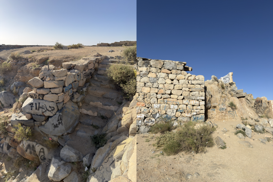 آثار التلف البشري والكتابات العشوائية التشويهية على الجدران الأثرية على معظم أرجاء الموقع