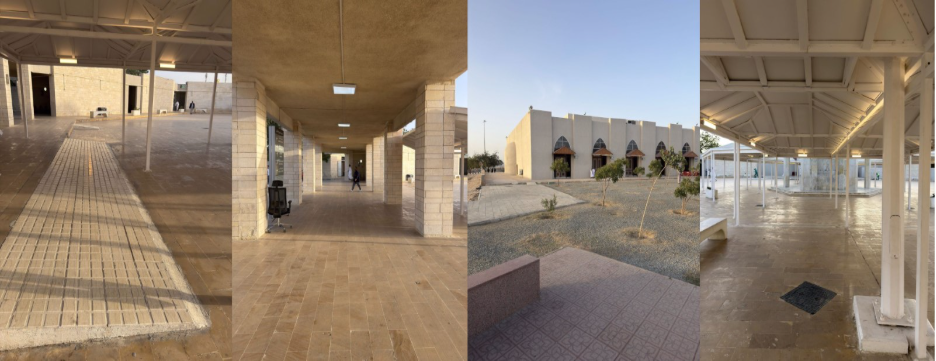 الساحة الخارجية لمسجد السيل الكبير التي تحتوي على برادات مياه مكسوة بالرخام ومظلات كبيرة