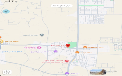 الموقع الجغرافي لبرج وسور الدلم التاريخي.